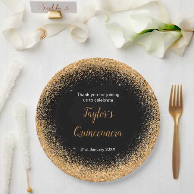 Quinceanera Orange Faux Glitter Paper Plates (Wedding)