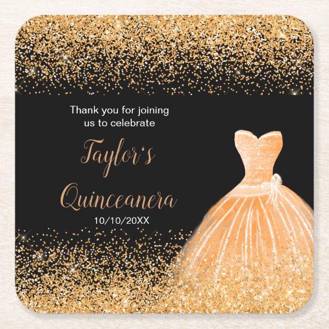 Quinceanera Orange Faux Glitter Square Paper Coaster (Front)