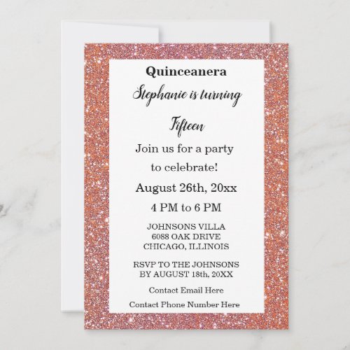 Quinceanera Orange Pink Glitter 15th Birthday Cute Invitation