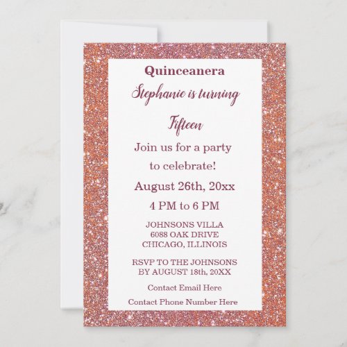 Quinceanera Orange Pink Rose Glitter 15th Birthday Invitation