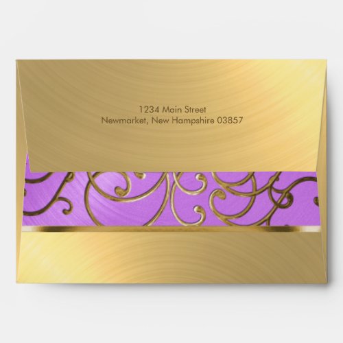 Quinceanera Orchid Purple and Gold Filigree Swirls Envelope