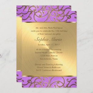 Quinceanera Orchid Purple and Gold Filigree Swirls Invitation