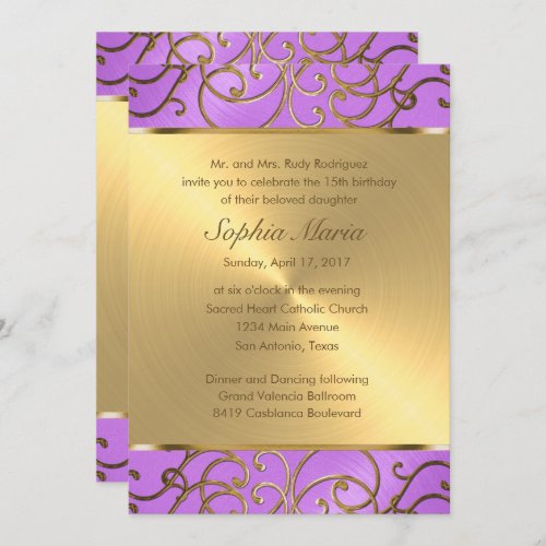 Quinceanera Orchid Purple and Gold Filigree Swirls Invitation
