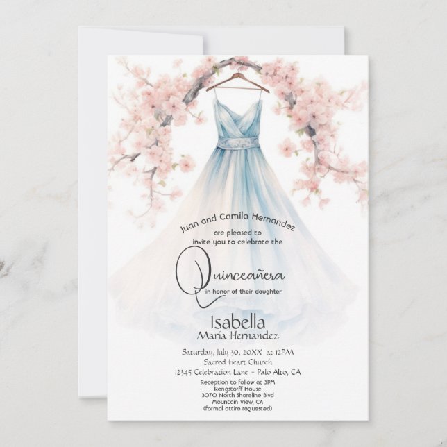 Quinceañera | Pale Blue Gown Pink Blossoms Invitation (Front)