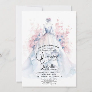 Quinceañera | Pale Blue Gown Pink Flowers Invitation
