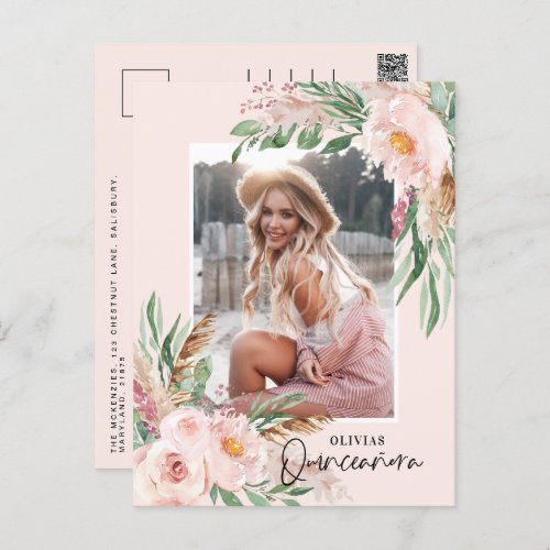Quinceaera pale pink girly floral photo birthday  postcard