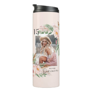 Quinceañera pale pink girly floral photo birthday thermal tumbler