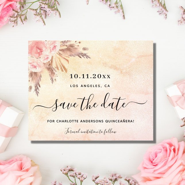 Quinceanera pampas blush budget save the date flyer (Creator Uploaded)