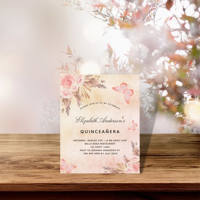 Quinceanera pampas butterfly budget invitation flyer