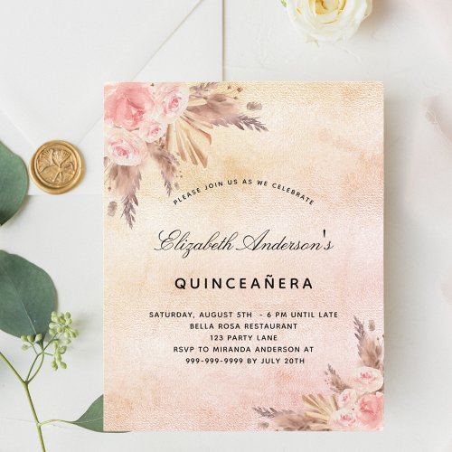 Quinceanera pampas grass blush budget invitation flyer