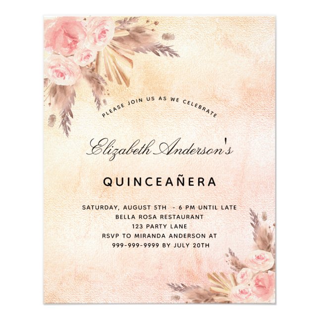 Quinceanera pampas grass blush budget invitation flyer (Front)