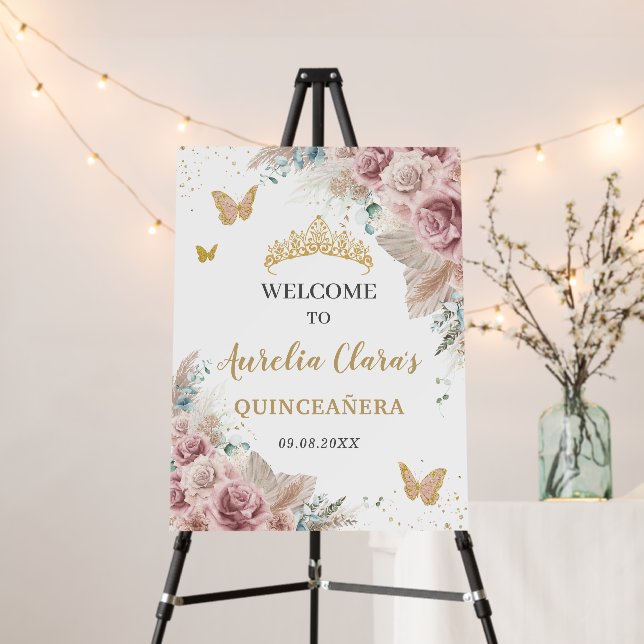 Quinceañera Pampas Grass Blush Floral Butterflies  Foam Board (In Situ (Stand))