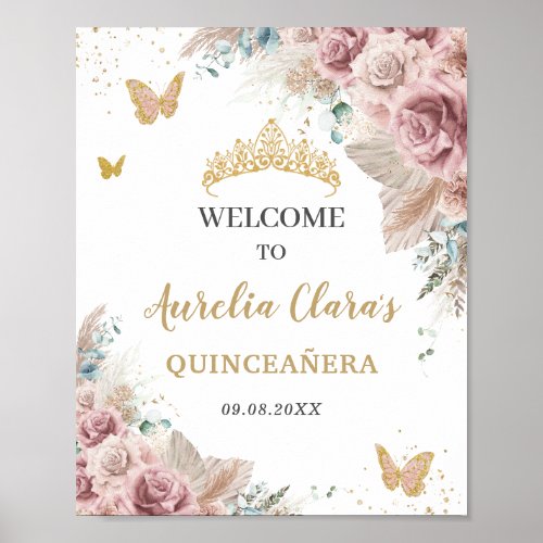 Quinceaera Pampas Grass Blush Floral Butterflies  Poster