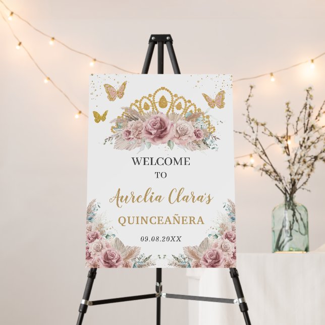 Quinceañera Pampas Grass Blush Floral Gold Crown Foam Board (In Situ (Stand))