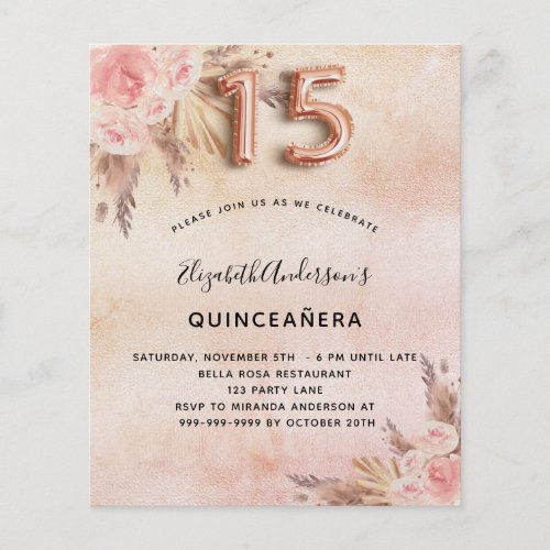 Quinceanera pampas grass rose budget invitation flyer