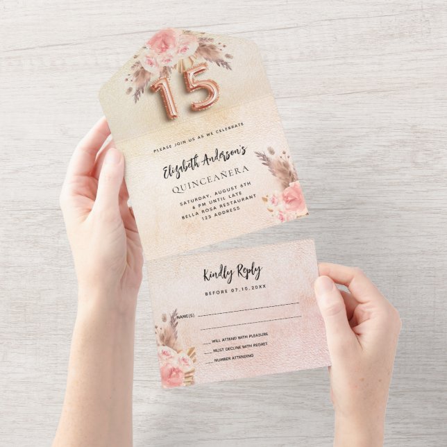Quinceanera pampas grass rose pink florals RSVP All In One Invitation