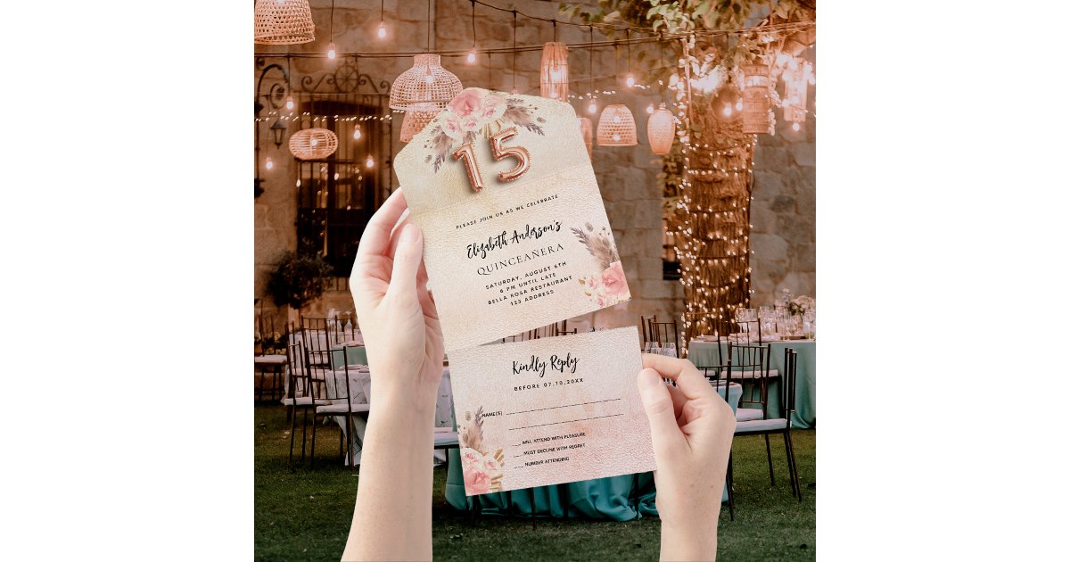 Quinceanera pampas grass rose pink florals RSVP All In One Invitation