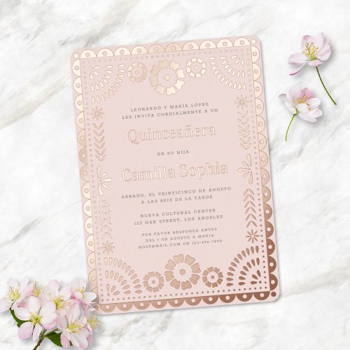 Quinceaera Papel Picado Blush Pink Rose Gold Foil Invitation