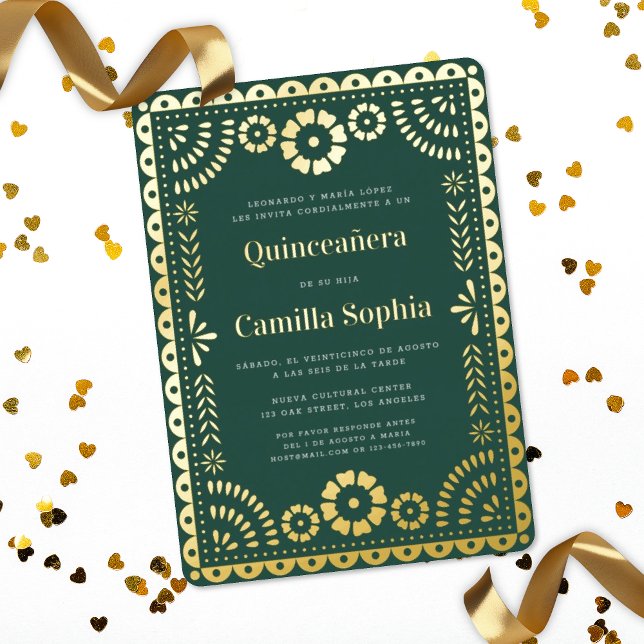 Quinceañera Papel Picado Dark Green Gold Foil Invitation (Creator Uploaded)