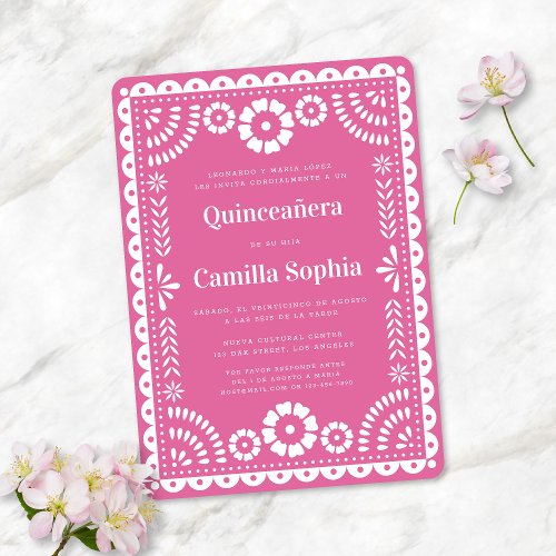 Quinceaera Papel Picado Elegant Bright Pink Invitation