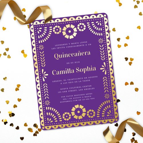 Quinceaera Papel Picado Elegant Purple Gold Foil Invitation