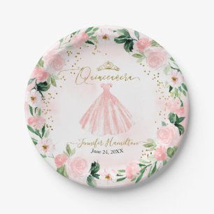 Quinceanera Paper Plates Blush Floral Pink Dress