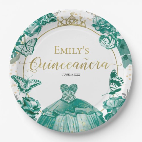 Quinceanera Paper Plates Emerald Green Dress