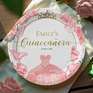 Quinceanera Paper Plates Pink Dress Floral Gold