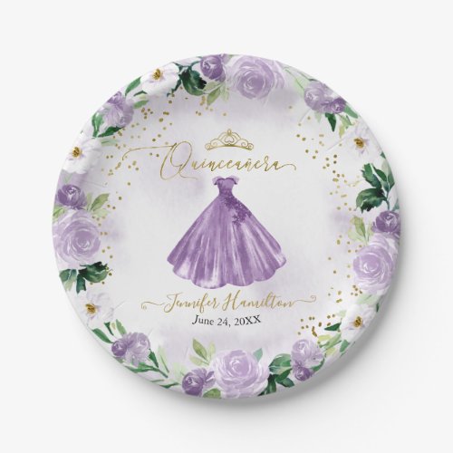 Quinceanera Paper Plates Purple Floral Dress