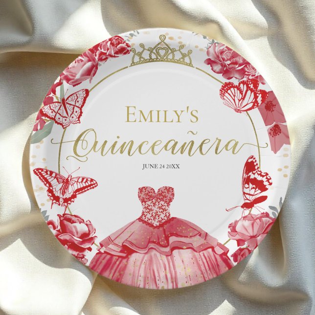 Quinceanera Paper Plates Red Dress Floral Gold (Creator Uploaded)