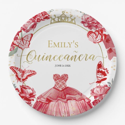 Quinceanera Paper Plates Red Dress Floral Gold