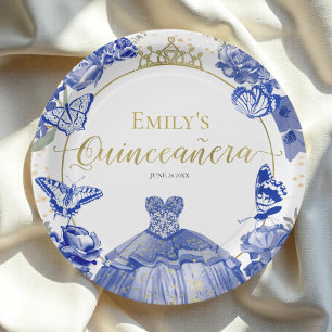 Quinceanera Paper Plates Royal Blue Dress Floral