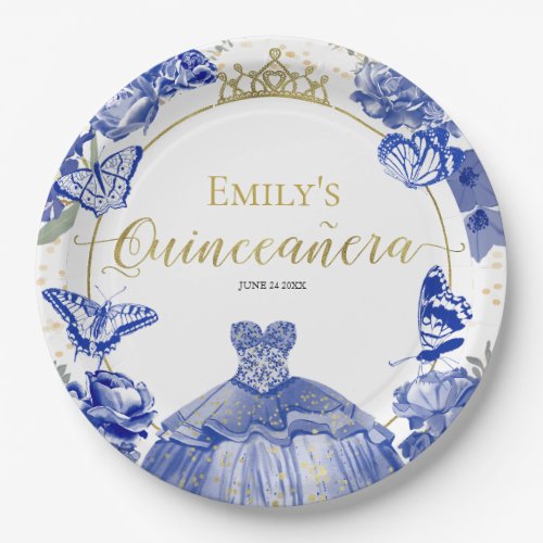 Quinceanera Paper Plates Royal Blue Dress Floral