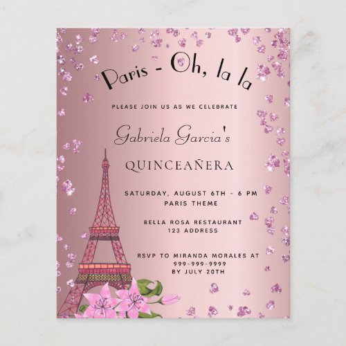 Quinceanera Paris blush pink budget invitation Flyer
