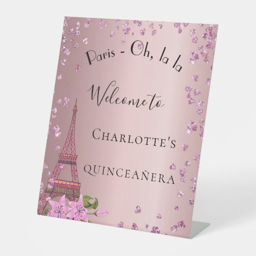 Quinceanera Paris blush pink eiffel tower welcome  Pedestal Sign