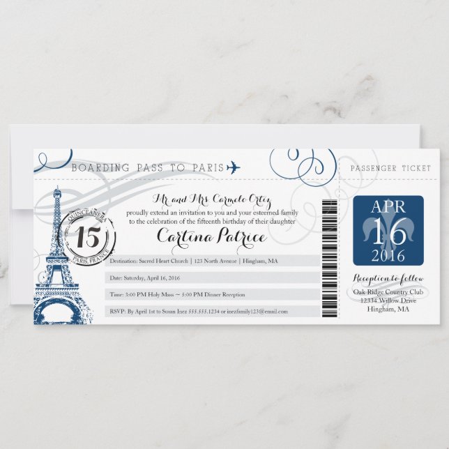 Quinceanera | Paris Boarding Pass Invitation (Front)