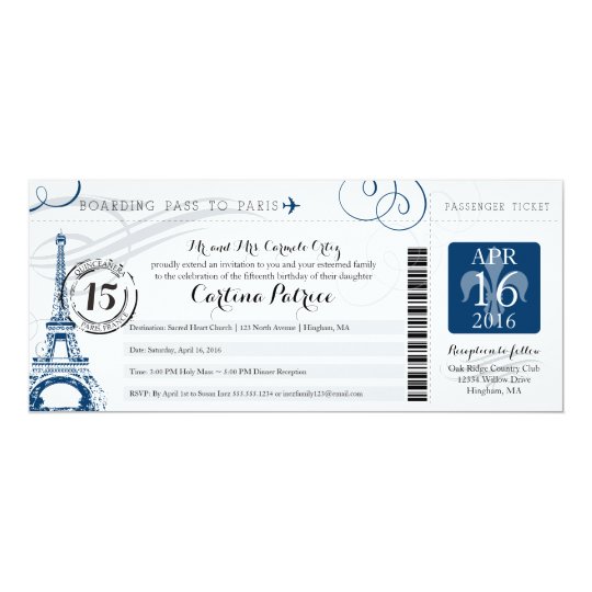 Quinceanera Paris Boarding Pass Invitation Zazzle Com