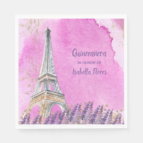 Quinceanera Paris Eiffel Tower Pink Watercolor Napkins