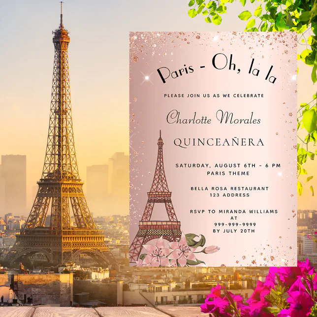 Quinceanera Paris Eiffel tower rose gold glitter Invitation Zazzle