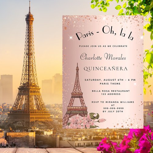 Quinceanera Paris Eiffel tower rose gold glitter Invitation Postcard