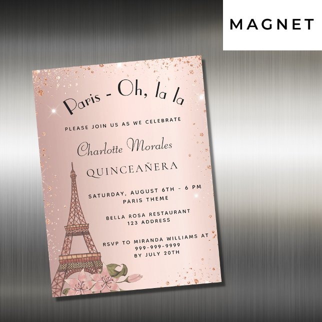 Quinceanera Paris Eiffel tower rose gold glitter Magnetic Invitation