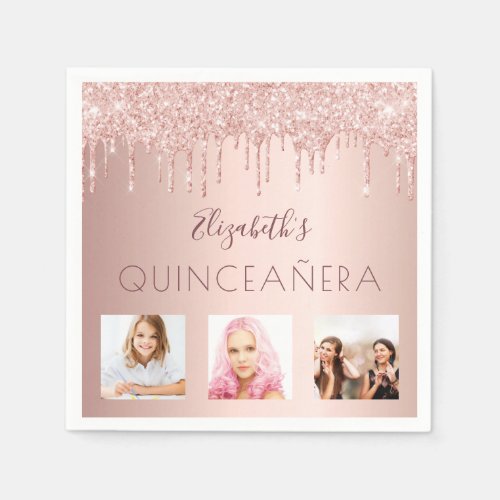 Quinceanera party 15 photo rose gold glitter pink napkins