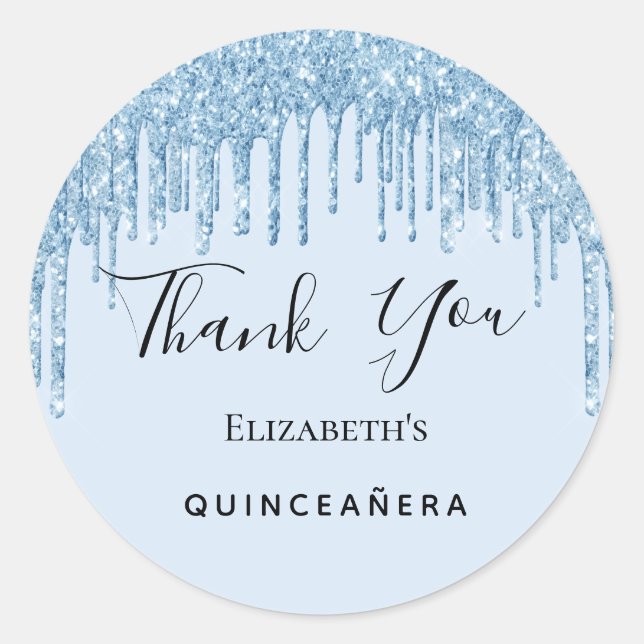Quinceanera party baby blue glitter Thank You  Classic Round Sticker (Front)