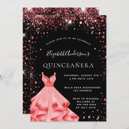 Quinceanera party black red glitter dust dress invitation