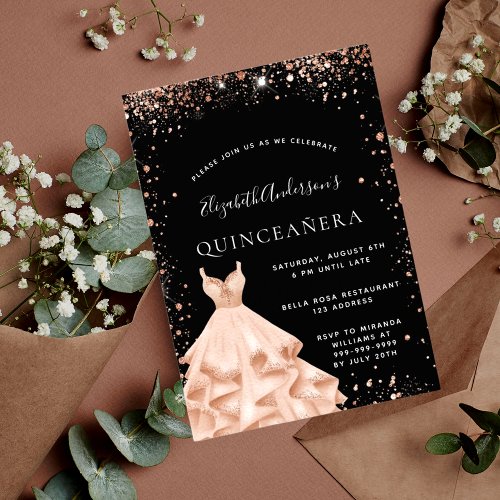 Quinceanera party black rose gold glitter dress invitation