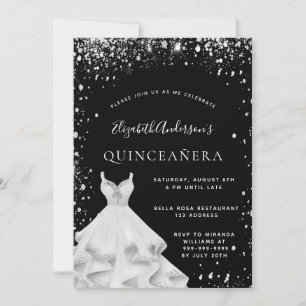 Quinceanera party black silver glitter dust dress invitation