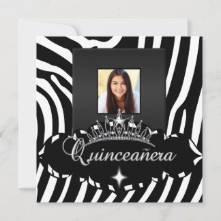 Quinceanera Party Black White Zebra Girl Photo Invitation