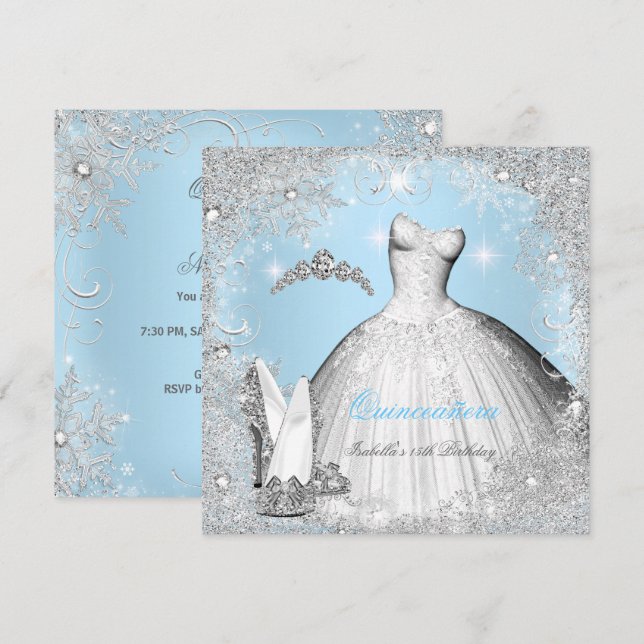 Quinceanera Party Blue Silver Snowflakes Invitation (Front/Back)