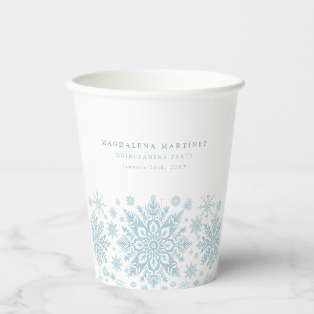 Quinceanera Party Blue White Snowflake Custom Paper Cups (Front)
