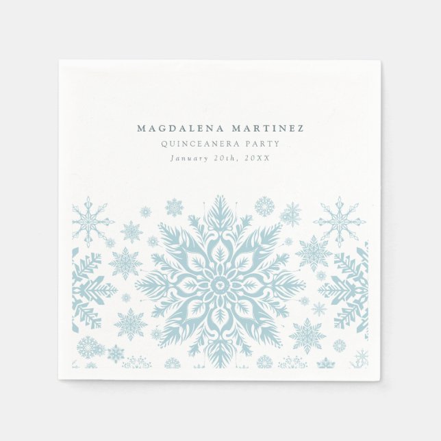 Quinceanera Party Blue White Snowflake Winter Napkins (Front)